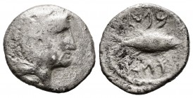 Gades. Hemidrachm. 120-20 BC. Cadiz. (Abh-1308). (Acip-634). Anv.: Head of Melkart on left, wearing a lion's skin. Rev.: Tuna right with Phoenician le...