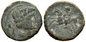 Ikalkusken. Unit. 120-20 BC. Iniesta (Cuenca). (Abh-1399). (Acip-2079). Anv.: Male head right, behind dolphin. Rev.: Horseman left, around IKALKUSKEN....
