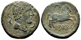 Iltirta. Half unit. 220-200 BC. Lleida (Cataluña). (Abh-1472). (Acip-1265). (C-23). Anv.: Male head to right, flanked by three dolphins. Rev.: Horse t...