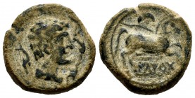 Iltirta. Half unit. 220-200 BC. Lleida (Cataluña). (Abh-1472). (Acip-1265). (C-30). Anv.: Male head to right, flanked by three dolphins. Rev.: Horse t...