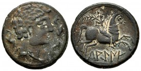 Lakine. Unit. 120-20 BC. Area of Aragon. (Abh-1656). (Acip-1505). (C-1). Rev.: Horseman riding right, holding palm, below LAKINE. Ae. 10,51 g. VF/Choi...