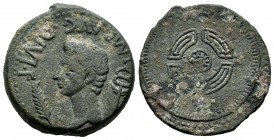 Luco Augusti. Unit. 27 BC.-14 AD. Lugo. (Abh-1705). Anv.: Naked head of Augustus left, behind caduceus, before palm, around IMP AVG DIVI. Rev.: Front ...
