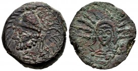Malaka. Unit. 200-20 BC. Málaga. (Abh-1730). (Acip-790). Anv.: Head of Vulcan on the left, behind pincers and neo-punic legend, around laurea. Rev.: H...