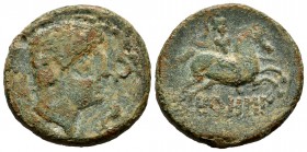 Orosis. Unit. 120-20 BC. Zona media del Ebro. (Abh-1907). (Acip-1510). Anv.: Male head right, around three dolphins. Rev.: Horseman with spear right, ...