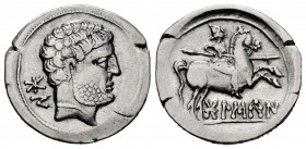 Bolskan. Denarius. 180-20 BC. Huesca. (Abh-1911). (Acip-1417). Anv.: Male head to the right, behind BON. Rev.: Rider with lance on the right, below an...