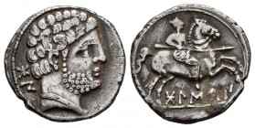 Bolskan. Denarius. 180-20 BC. Huesca. (Abh-1911). (Acip-1417). (C-2). Rev.: Warrior on horseback right, holding spear, BOLSKAN below. Ag. 3,91 g. VF. ...
