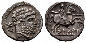 Bolskan. Denarius. 180-20 BC. Huesca. (Abh-1912). (Acip-1413). Anv.: Bearded head to right, behind BON. Rev.: Rider with spear to the right, below BOL...