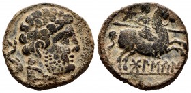 Bolskan. Unit. 180-200 BC. Huesca. (Abh-1918). (Acip-1415). (C-4). Anv.: Bearded head to right, behind dolphin. Rev.: Horseman with spear to right, ab...