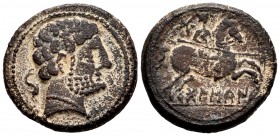 Bolskan. Unit. 180-200 BC. Huesca. (Abh-1918). (Acip-1419). (C-8). Anv.: Bearded head to right, behind dolphin. Rev.: Horseman with spear to right, ab...