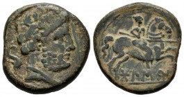 Bolskan. Unit. 180-20 BC. Huesca. (Abh-1920). (Acip-1425). (C-15). Anv.: Bearded male head right; dolphin behind. Rev.:  Horseman right, holding spear...
