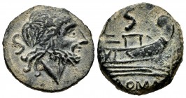 Anonymous. Half unit. After 211 BC. Uncertain mint. Spanish imitation. (Acip-2659). Anv.: Laureate head of Saturn right; S (mark of value) behind. Rev...