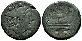 Anonymous. Sextans. 217-215 BC. (Sydenham-85). (Craw-38/5). Anv.: Head of Mercury right, wearing winged petasus; above, two pellets. Rev.: ROMA Prow r...