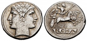 Anonymous. Didrachm - quadrigatus. 225-214 BC. Rome. (Craw-28/3). (BMCRR Rome-78-99). (Rsc-23). Anv.: Laureate head of Janus. Rev.: Jupiter holding sc...