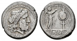 Anonymous. Victoriatus. 211 BC. Rome. (Craw-53/1). (Rsc-9). Anv.: Laureate head of Jupiter right. Rev.: Victory standing right, crowning trophy; ROMA ...