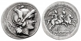 Anonymous. Denarius. 205-203 BC. South of Italy. (Ffc-4). (Craw-44/5). (Cal-1b). Anv.: Head of Roma right, X behind. Rev.: The Dioscuri riding right, ...