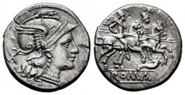Anonymous. Denarius. 208-206 BC. Rome. (Ffc-27). (Craw-58/2). (Cal-21). Anv.: Head of Roma right, X behind. Rev.: The Dioscuri riding right, stars abo...