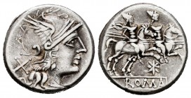 Anonymous. Denarius. 200-190 BC. Rome. (Ffc-39). (Craw-113/1). (Cal-39). Anv.: Head of Roma right, X behind. Rev.: The Dioscuri riding right, stars ab...