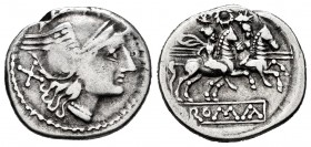Anonymous. Denarius. 210-206 BC. (Ffc-41). (Craw-110/1a). (Cal-42). Anv.: Head of Roma right, X behind. Rev.: The Dioscuri riding right, stars and wre...