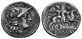 Anonymous. Denarius. 206-195 BC. Rome. (Ffc-59). (Craw-117/a1). (Cal-38). Anv.: Head of Roma right, X behind. Rev.: The Dioscuri riding right, stars a...