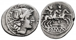 Anonymous. Denarius. 200-190 BC. Rome. (Ffc-63). (Craw-115/1). (Cal-40). Anv.: Head of Roma right, X behind. Rev.: The Dioscuri riding right, stars ab...