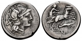 Anonymous. Denarius. 179-170 BC. Rome. (Ffc-79). (Craw-156/1). (Cal-54). Anv.: Head of Roma right, X behind. Rev.: Diana surmounted by crescent and ho...