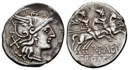 Aelius. P. Aelius Paetus. Denarius. 138 BC. Auxiliary mint of Rome. (Ffc-99). (Craw-233/1). (Cal-70). Anv.: Head of Roma right, X behind. Rev.: The Di...