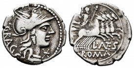 Antestius. L. Antestius Gragulus. Denarius. 136 BC. Rome. (Ffc-151). (Craw-238/1). (Cal-127). Anv.: Head of Roma right, X beneath chin. GRAG behind he...
