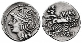 Appuleius. Lucius Appuleius Saturninus. Denarius. 104 BC. Rome. (Ffc-161). (Craw-317/3b). (Cal-225). Anv.: Head of Roma left. Rev.: Saturn in quadriga...