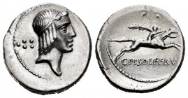 Calpurnius. C. Calpurnius Piso Frugi. Denarius. 64 BC. Rome. (Ffc-409). (Cal-342f). Anv.: Diademed head of Apollo right, six pellets behind head. Rev....