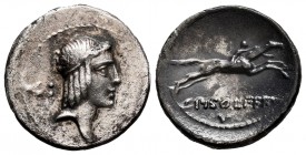 Calpurnius. C. Calpurnius Piso Frugi. Denarius. 64 BC. Rome. (Ffc-442 var). (Cal-344 var). Anv.: Diademed head of Apollo right, symbol behind head. Re...