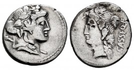 Cassius. L. Cassius Q.f. Longinus. Denarius. 78 BC. Rome. (Ffc-556). (Craw-386/1). (Cal-410). Anv.: Head of Liber or Bacchus right, thyrsus over shoul...