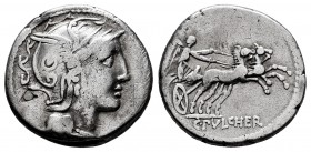 Claudia. C. Claudius Pulcher. Denarius. 110-109 BC. Rome. (Ffc-565). (Craw-300/1). (Cal-424). Anv.: Head of Roma right. Rev.: Victory in biga right, C...