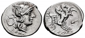 Cloulius. T. Cloelius. Denarius. 128 BC. Rome. (Ffc-572). (Craw-260/1). (Cal-435). Anv.: Head of Roma right, wreath behind, ROMA below. Rev.: Victory ...