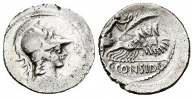 Considius. C. Considius Paetus. Denarius. 46 BC. Rome. (Ffc-588). (Craw-465/5). (Cal-455). Anv.: Bust of Minerva right, wearing Corinthian helmet. Rev...