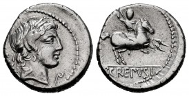 Crepusius. Publius Crepusius. Denarius. 82 BC. Rome. (Ffc-658). (Craw-no cita). (Cal-523). Anv.: Laureate head of Apollo right, sceptre over shoulder,...