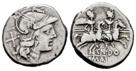 Domitius. Cn. Domitius Ahenobarbus. Denarius. 183-180 BC. Rome. (Ffc-679). (Craw-147/1). (Cal-542). Anv.: Head of Roma right, X behind. Rev.: The Dios...
