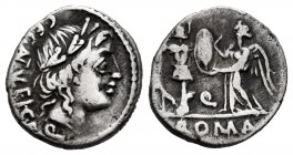 Egnatuleius. C. Egnatuleius C. f. Quinarius. 97 a.C. Rome. (Craw-333/1). (Rsc-Egnatuleia 1). Anv.: Laureate head of Apollo right; C•EGNATVLEI•C•F• dow...