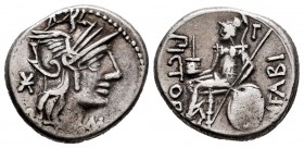Fabius. Numerius Fabius Pictor. Denarius. 126 BC. Rome. (Ffc-695). (Craw-268/1b). (Cal-569). Anv.: Head of Roma right, X behind, letter M below chin. ...