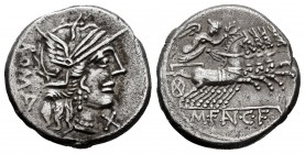Fannius. Mareius Fannius C.f. Denarius. 123 BC. Auxiliary mint of Rome. (Ffc-705). (Craw-275/1). (Cal-576). Anv.: Head of Roma right, X below chin, RO...