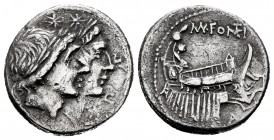 Fonteius. Mn. Fonteius. Denarius. 114-113 BC. South of Italy. (Ffc-716). (Craw-307/1a). (Cal-588). Anv.: Conjoined laureate heads of the Dioscuri righ...