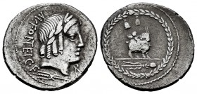 Fonteius. Mn. Fonteius C.F. Denarius. 85 BC. Auxiliary mint of Rome. (Ffc-717). (Craw-353/1a). (Cal-589). Anv.: Laureate head of Vejovis right, mongra...
