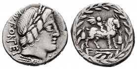 Fonteius. Mn. Fonteius C.F. Denarius. 85 BC. Auxiliary mint of Rome. (Ffc-721). (Craw-353/1d). (Cal-592). Anv.: Laureate head of Vejovis right, C. F. ...