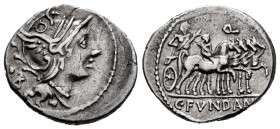Fundanius. C. Fundanius. Denarius. 101 BC. Rome. (Ffc-727). (Craw-326/1a). (Cal-597). Anv.: Head of Roma right, letter or letter and dot behind. Rev.:...