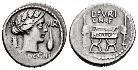 Furius. L. Furius Cn. f. Brocchus. Denarius. 63 BC. Rome. (Ffc-735). (Craw-414/1). (Cal-606). Anv.: Bust of Ceres right between wheat-ear and barley-c...