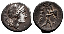 Herennius. Marcus Herennius. Denarius. 108-107 BC. South of Italy. (Ffc-745). (Craw-308/1b). (Cal-616). Anv.: Diademed head of Piety right, behind PIE...