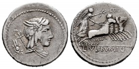 Julius. L. Julius Bursio. Denarius. 85 BC. Auxiliary mint of Rome. (Ffc-768). (Cal-635). Anv.: Bust of Genius (or Apollo Vejovis) right, laureate and ...
