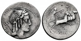Julius. L. Julius Bursio. Denarius. 85 BC. Auxiliary mint of Rome. (Ffc-771). (Cal-637). Anv.: Bust of Genius (or Apollo Vejovis) right, laureate and ...