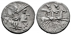 Junius. M. Junius Silanus. Denarius. 145 BC. Auxiliary mint of Rome. (Ffc-778). (Craw-220/1). (Cal-860). Anv.: Head of Roma right, X below chin, ass's...