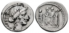Junius. Q. Caepio Brutus. Denarius. 54 BC. Rome. (Ffc-797). (Craw-no cita). (Rsc-no cita). Anv.: LIBERTAS behind head of Liberty right. Rev.: The cons...