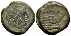 Licinius. L. Licinius Murena. Half unit. 169-158 a.C. (Spink-835). (Craw-186/2). Anv.: Laureate head of Saturn right; behind, S. Rev.: Prow right; abo...